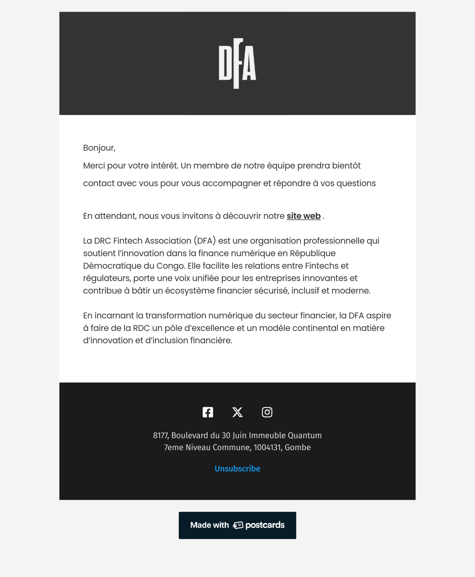 Email automatisé DFA présentant l’association et annonçant une prise de contact