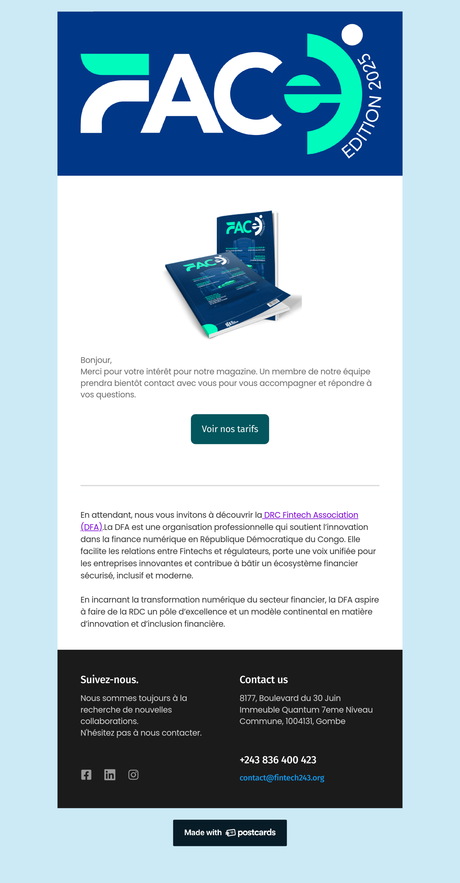 Email FACE remerciant le demandeur et proposant un accès aux tarifs