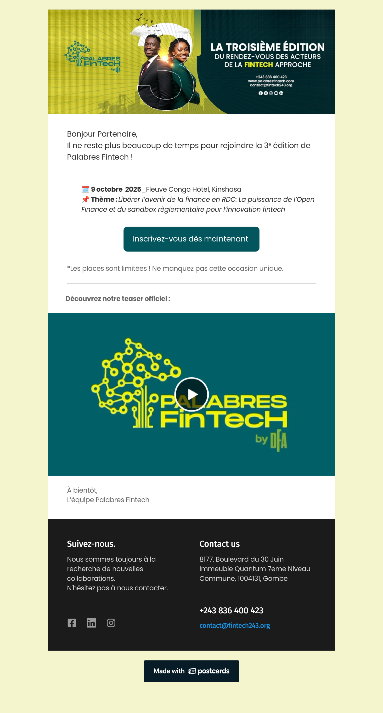 Email de rappel Palabres avec date, thème, inscription et teaser